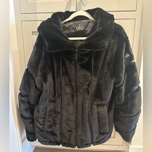 ALO Yoga Knock Out Faux Fur Black Full Zip Hooded Jacket - Size Small